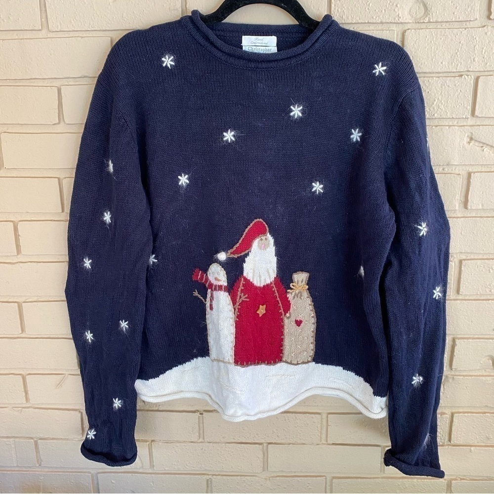 Christopher & Banks Hand Embroidered Christmas Holiday Sweater Santa Size XL